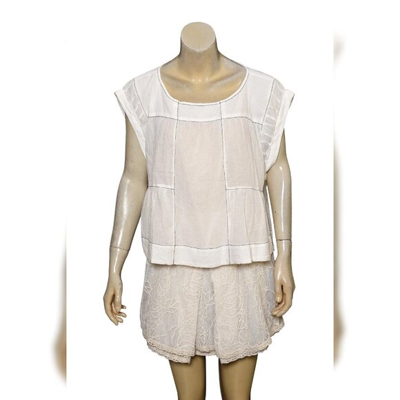 Anthropologie Cap-Sleeve Babydoll Blouse S 6 Sheer White Cotton Crop Top 44630 - Picture 3 of 5